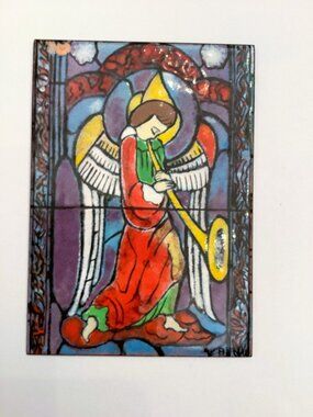 TILE Enamel on Copper Angel Playing Trumpet 50's Depict Stained Glass Appearance